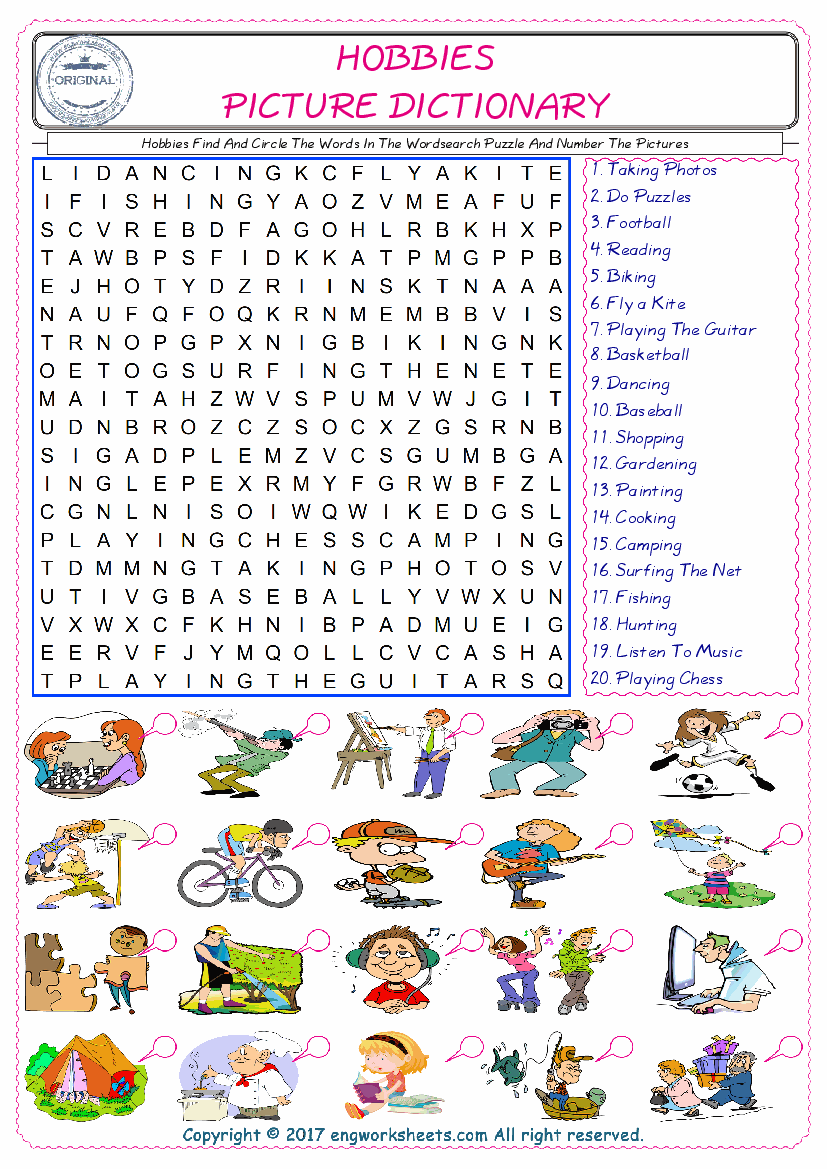  ESL wordsearch worksheets for kids, find Hobbies words in the word wordsearch write its number on its picture English worksheet. 